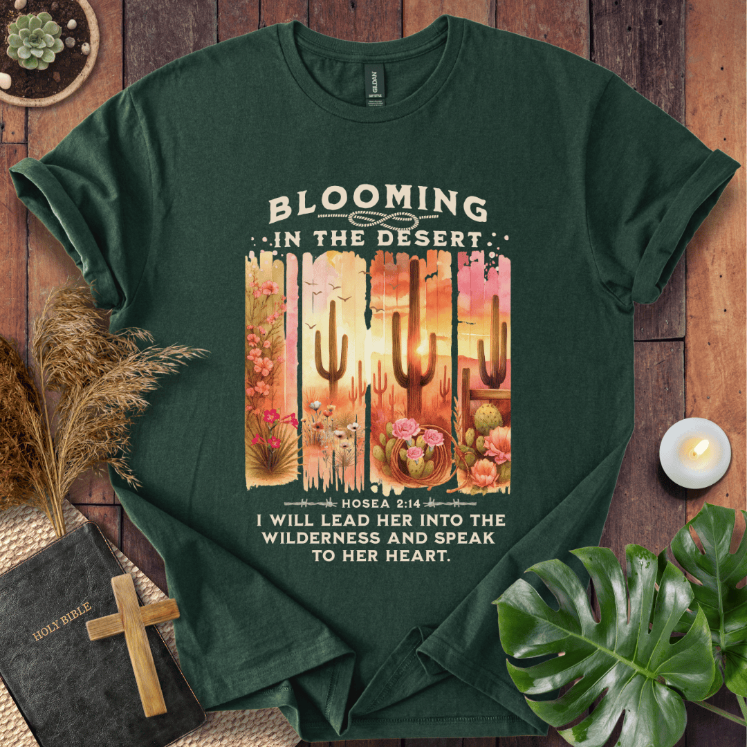 Christian t-shirt with desert sunset, cacti, and Hosea 2:14 scripture "I will lead her into the wilderness."