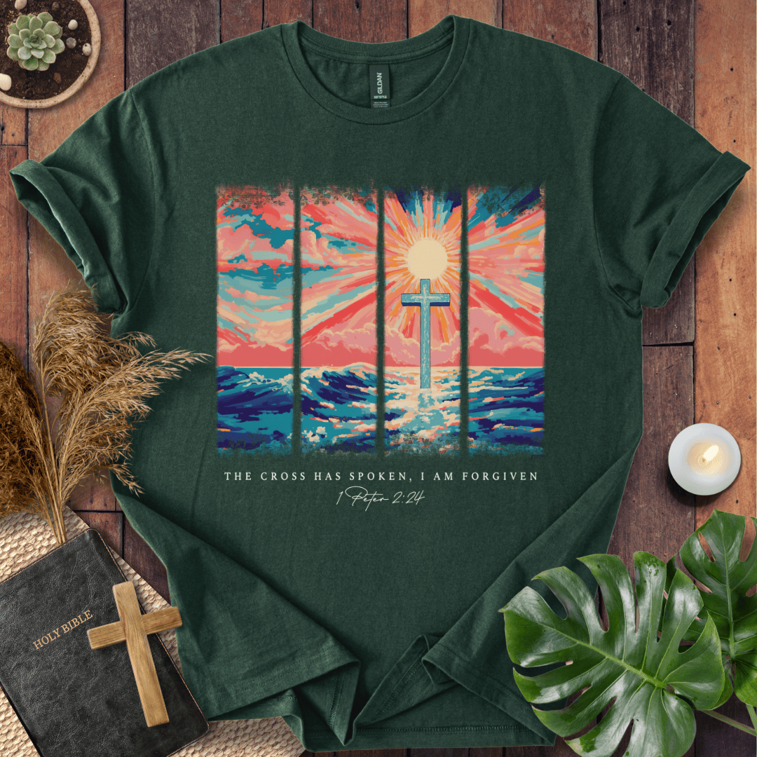 Christian t shirt for women featuring a colorful sunrise cross design and 1 Peter 2:24 scripture for Easter.