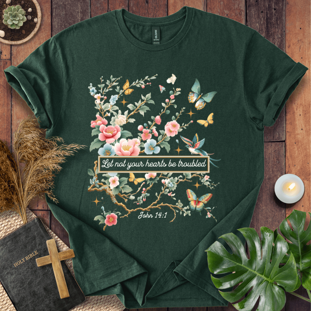 Christian t shirt for women featuring John 14:1 with pink flowers, butterflies, and a hummingbird in a botanical style.