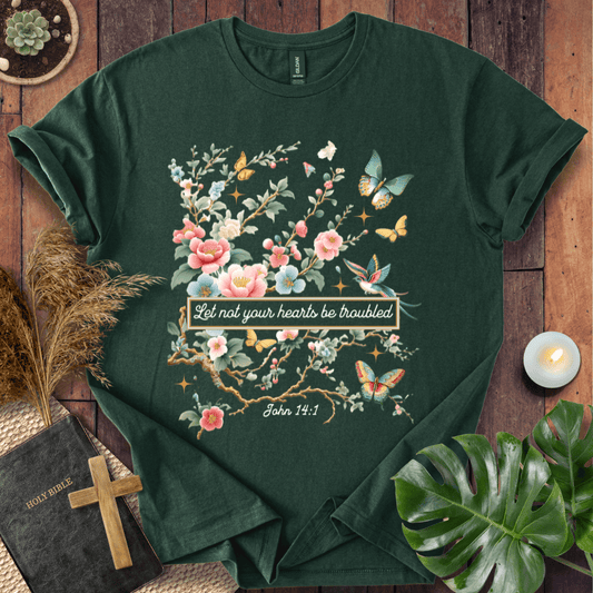 Christian t shirt for women featuring John 14:1 with pink flowers, butterflies, and a hummingbird in a botanical style.