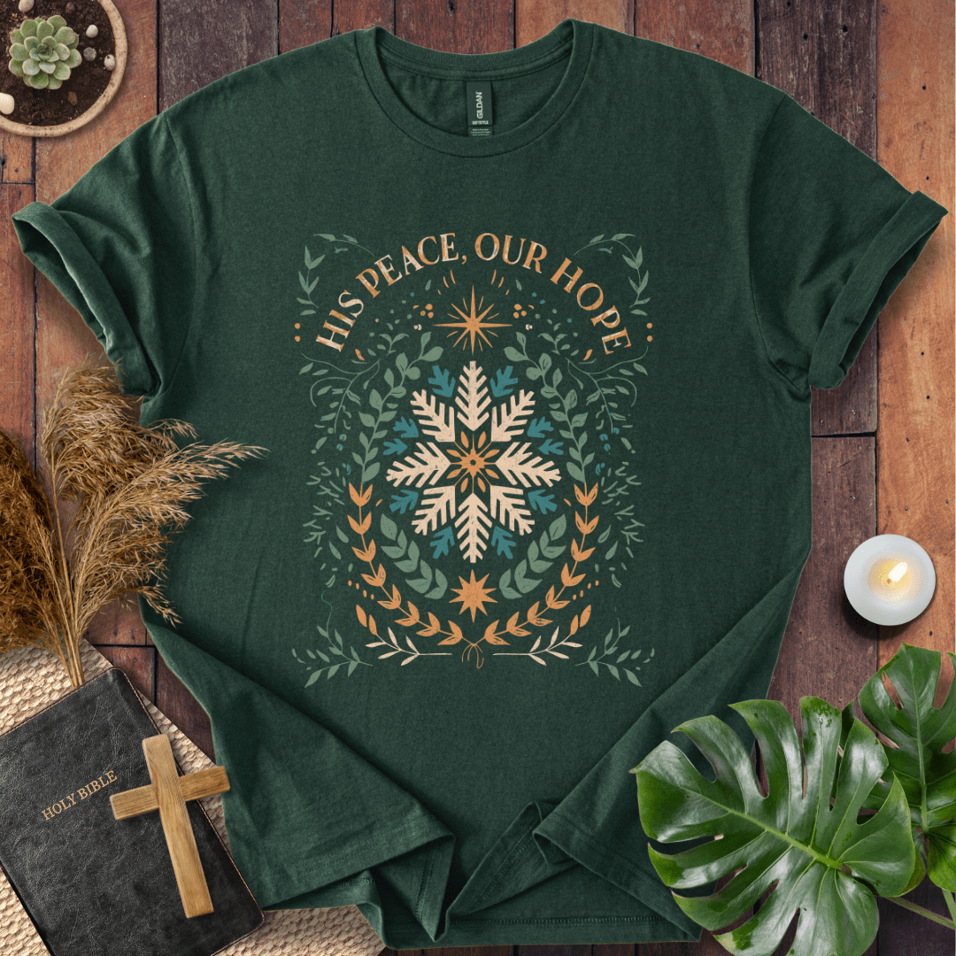 His Peace Our Hope Christian Christmas t-shirt with snowflake and wreath design