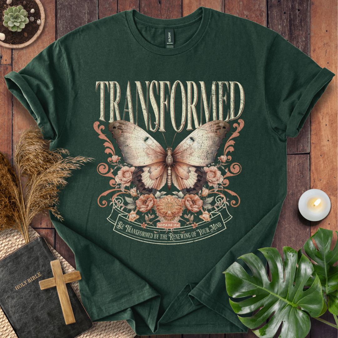 Transformed Christian t-shirt in black—vintage butterfly with florals, Romans 12:2.