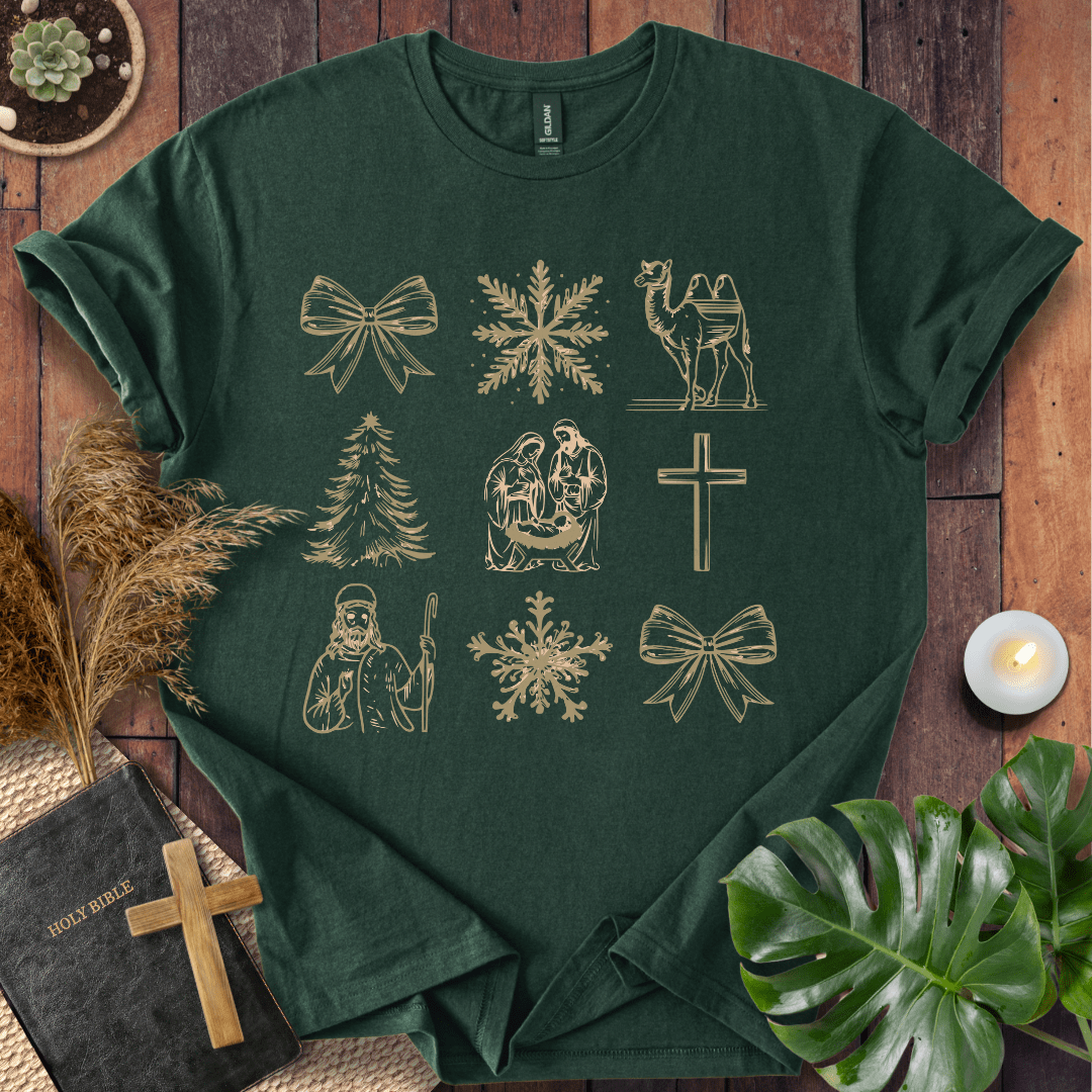 Inspirational Christian t-shirt celebrating Jesus’ birth – gold outline nativity design
