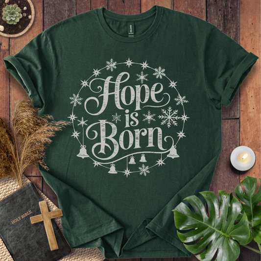 Hope Is Born Christian Christmas t-shirt with festive snowflake design
