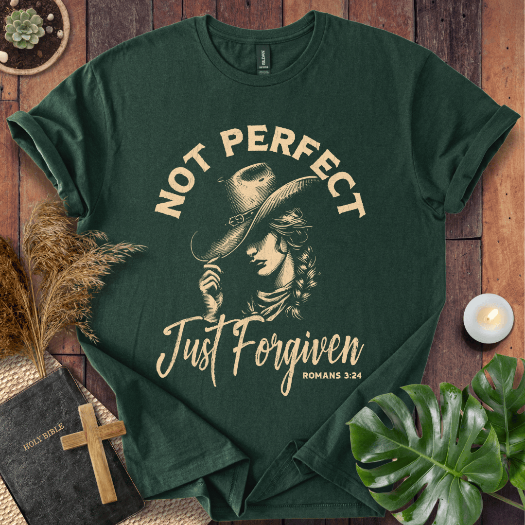 Not Perfect Just Forgiven Christian t-shirt for women with cowgirl design