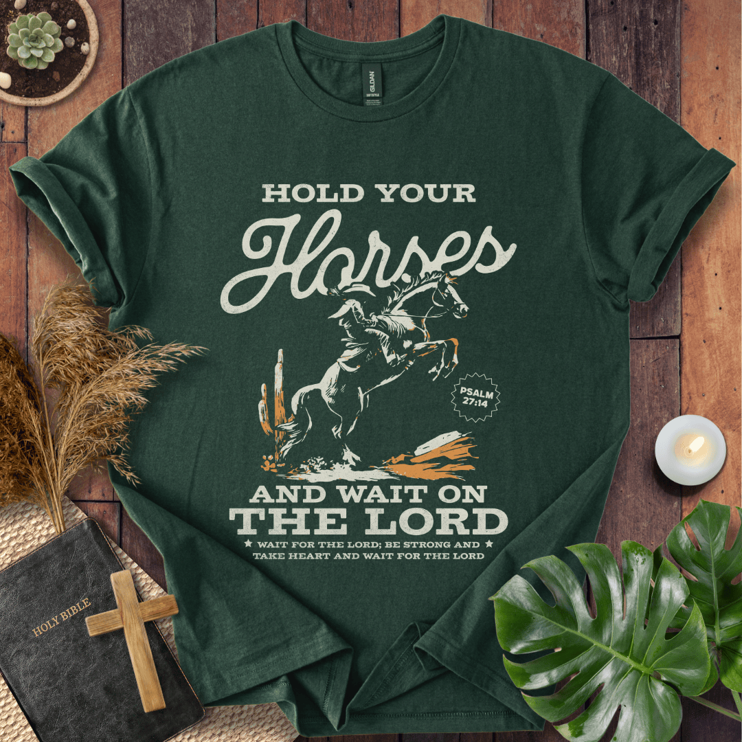 Black western t-shirt featuring a cowboy on a rearing horse with the text Hold Your Horses and Psalm 27:14 bible verse.