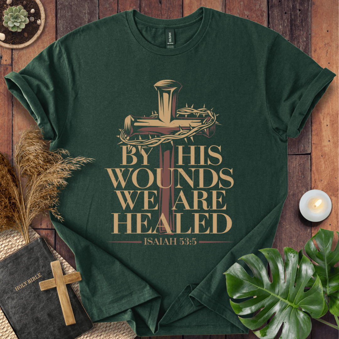 Christian Easter t-shirt with a rustic cross and crown of thorns graphic featuring the Bible verse Isaiah 53:5.