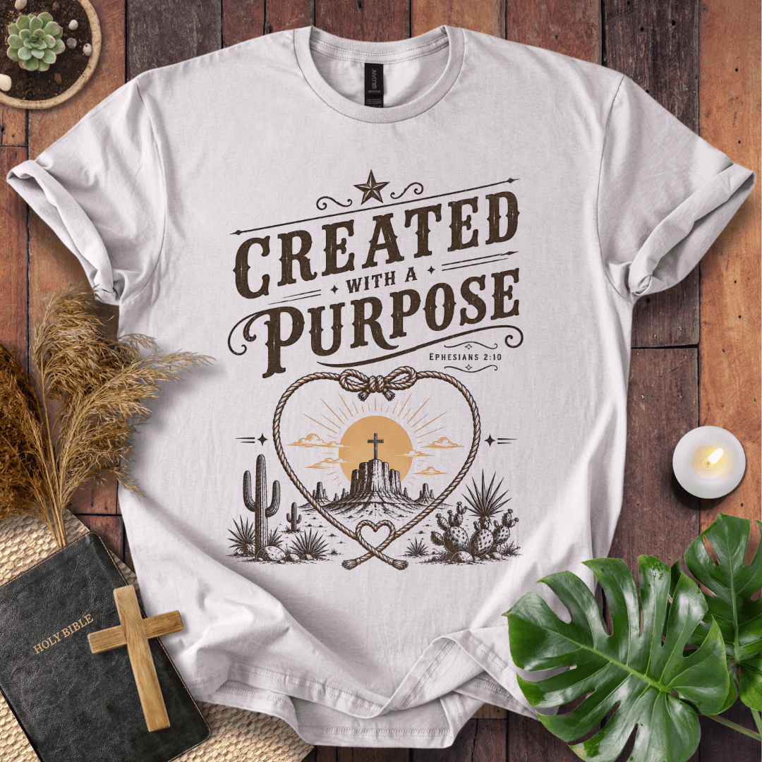 Christian Western t-shirt displaying "Created with a Purpose Ephesians 2:10" with a cross on a desert mesa inside a rope heart.