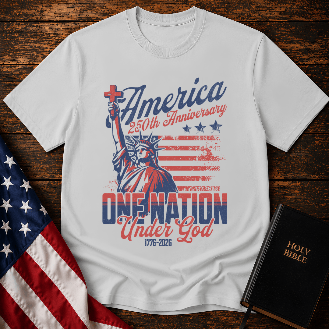 Patriotic Christian t shirts featuring the Statue of Liberty holding a cross with the American flag.