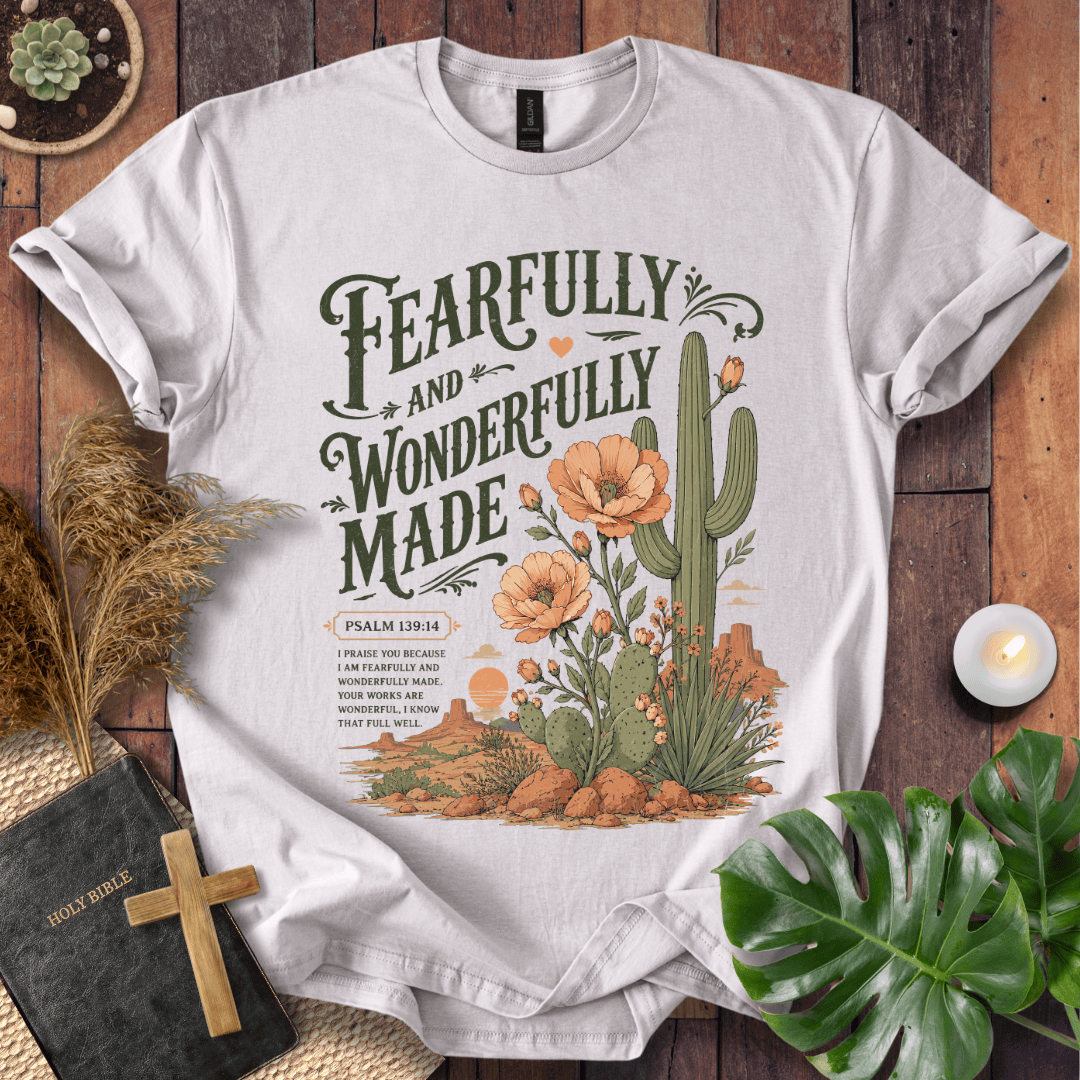 t-shirt featuring a saguaro cactus, desert flowers, and the text Fearfully and Wonderfully Made Psalm 139:14.