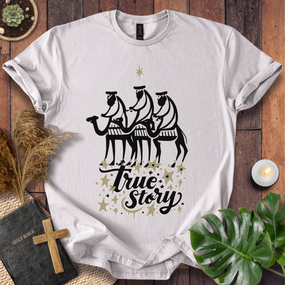 Religious Christmas tee featuring nativity scene and faith message