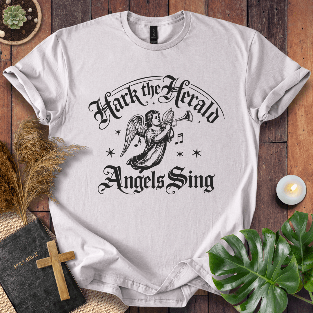 Inspirational Christian t-shirt with angel and music notes – Hark the Herald design