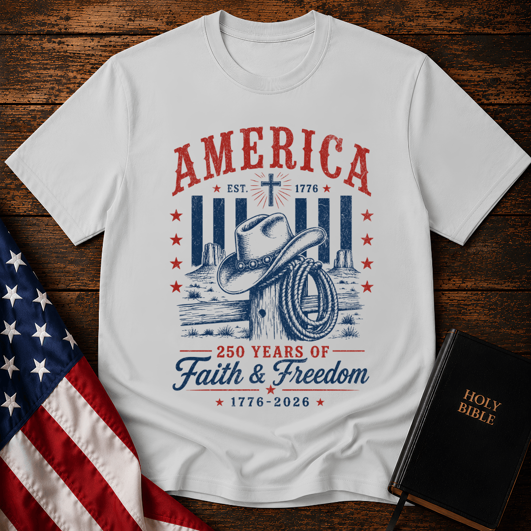 Patriotic Western graphic tee named featuring a cowboy hat, lasso, cross, and "250 Years of Faith & Freedom".