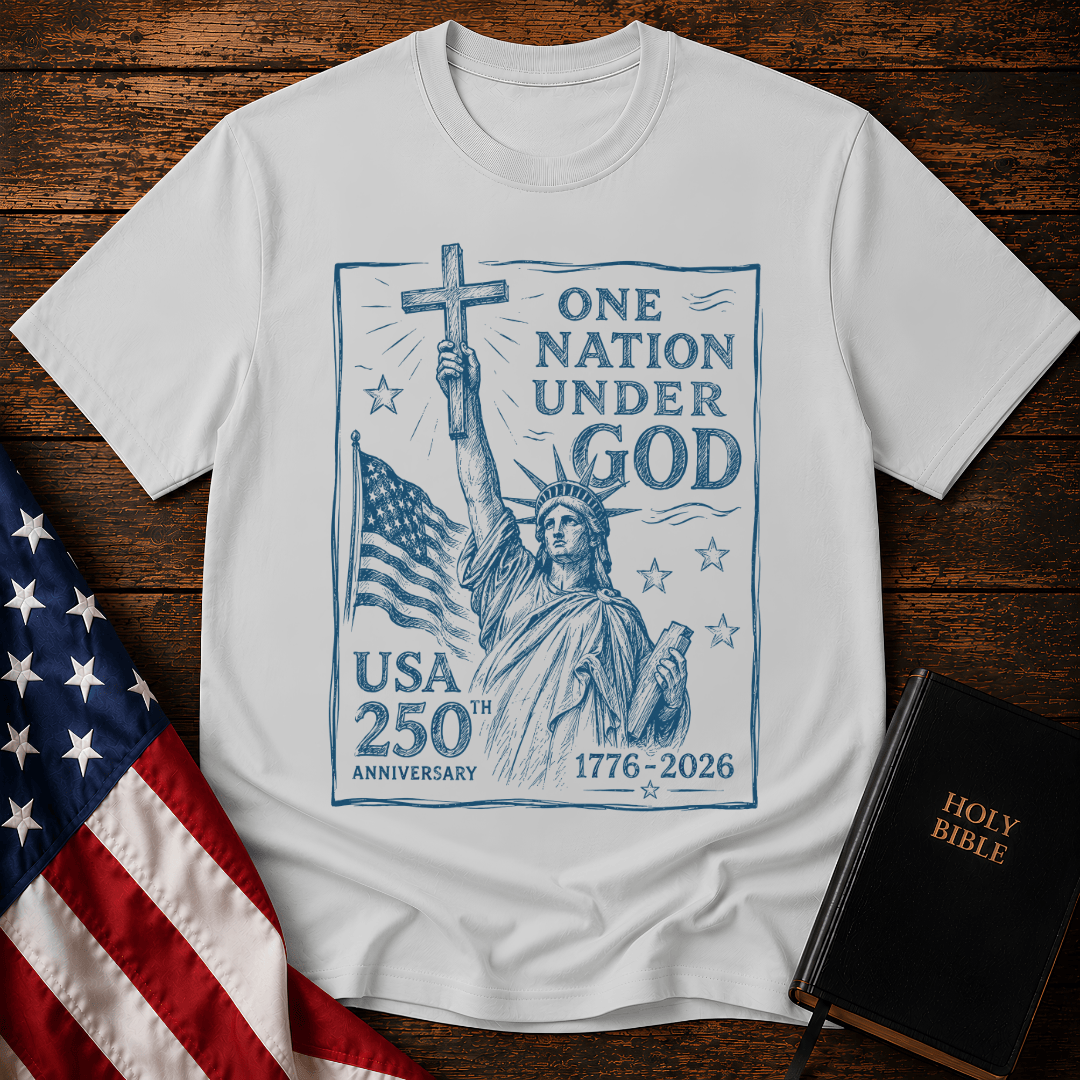 Statue of Liberty holding a cross on a patriotic Christian t shirt next to an American flag and Holy Bible.