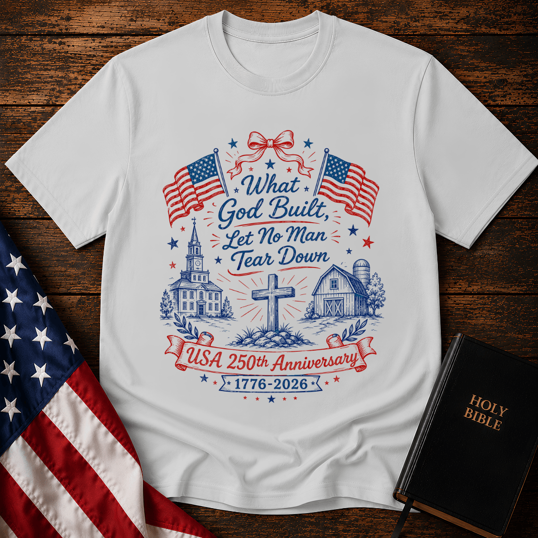 Patriotic Christian t shirt with American flags, a cross, a historic church, and text reading What God Built Let No Man Tear Down.
