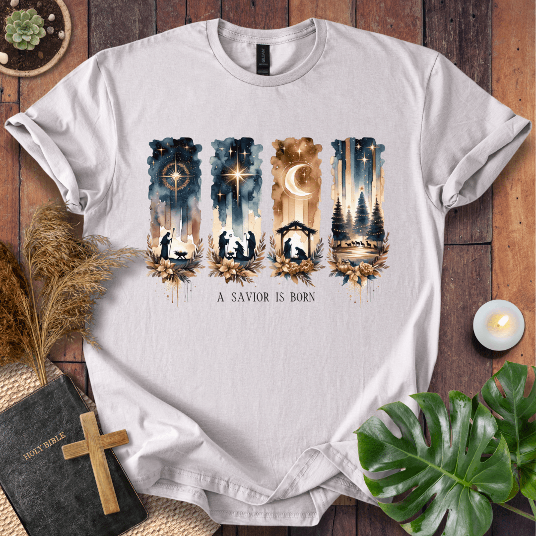 A Savior Is Born Christian Christmas t-shirt with watercolor nativity design