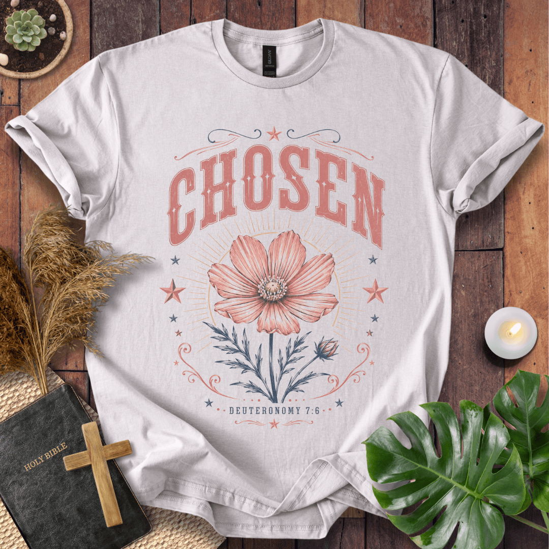 a sand-colored Christian t shirt for women featuring a vintage wildflower design and Deuteronomy 7:6.