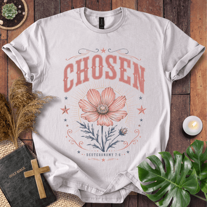 a sand-colored Christian t shirt for women featuring a vintage wildflower design and Deuteronomy 7:6.