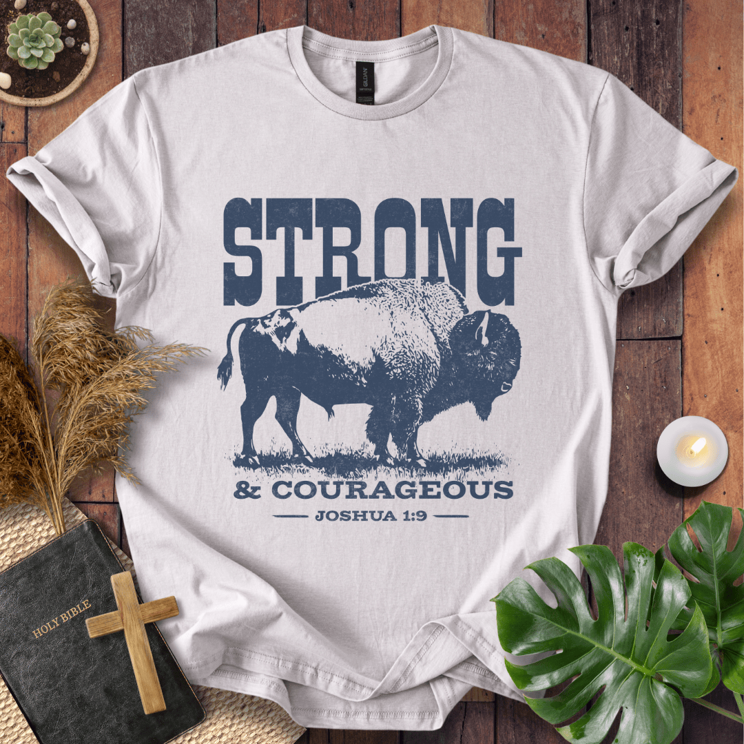 Christian t shirts featuring a vintage bison graphic and the Joshua 1:9 scripture "Strong and Courageous."