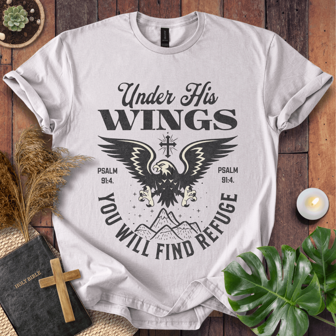 t-shirt with a vintage eagle, mountains, and Psalm 91:4 scripture text "Under His Wings You Will Find Refuge."