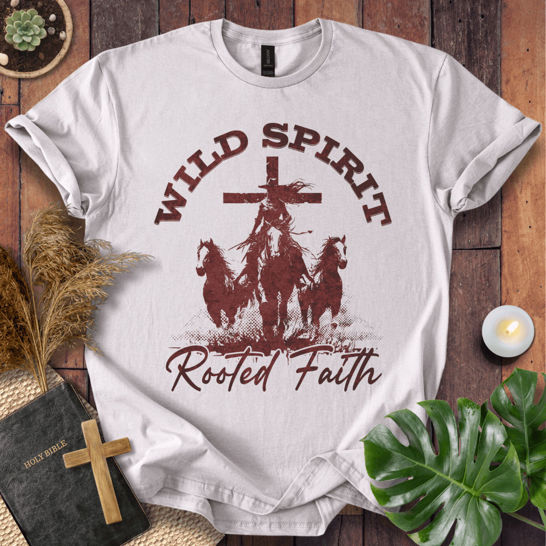 Cowgirl riding a horse in front of a cross with horses running, "Wild Spirit Rooted Faith" text on a tshirt.