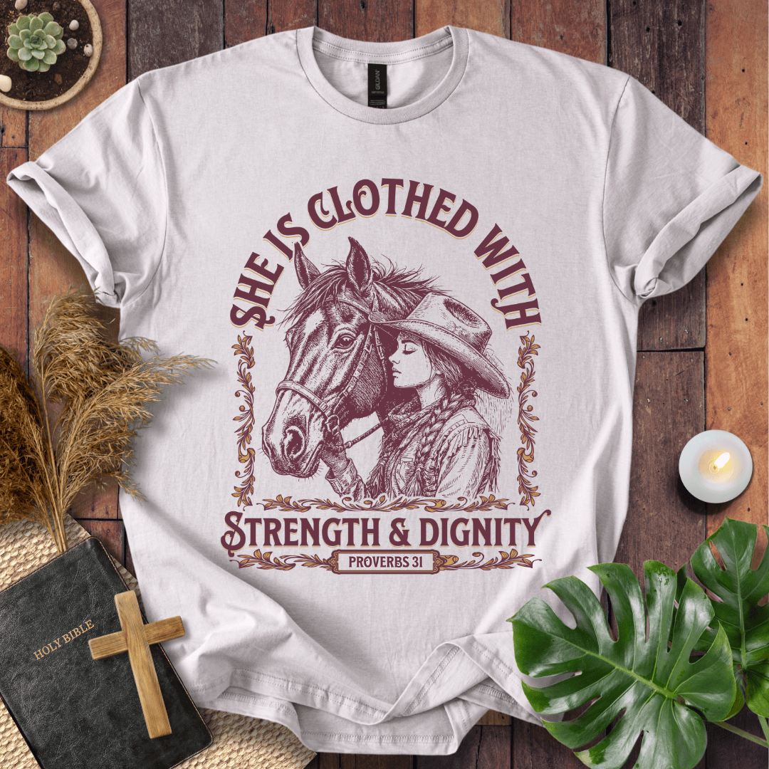 Cowgirl Christian shirt with Scripture design – Strength and Dignity tee