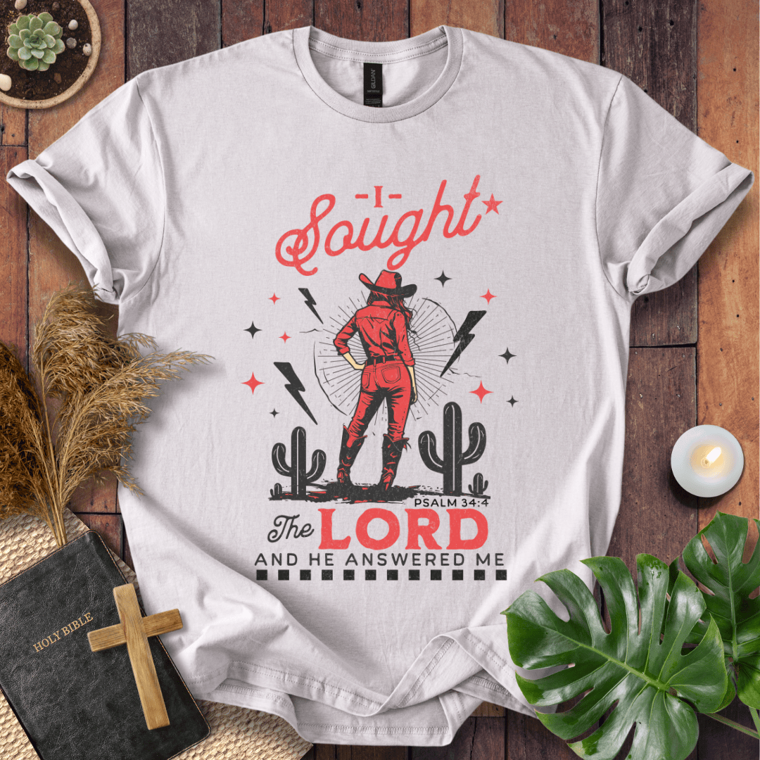 Cowgirl in red standing in a desert with cacti and lightning, text reads I Sought The Lord And He Answered Me Psalm 34:4.