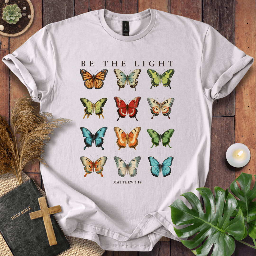 t-shirt featuring 12 vintage-style butterflies with Matthew 5:14 scripture.