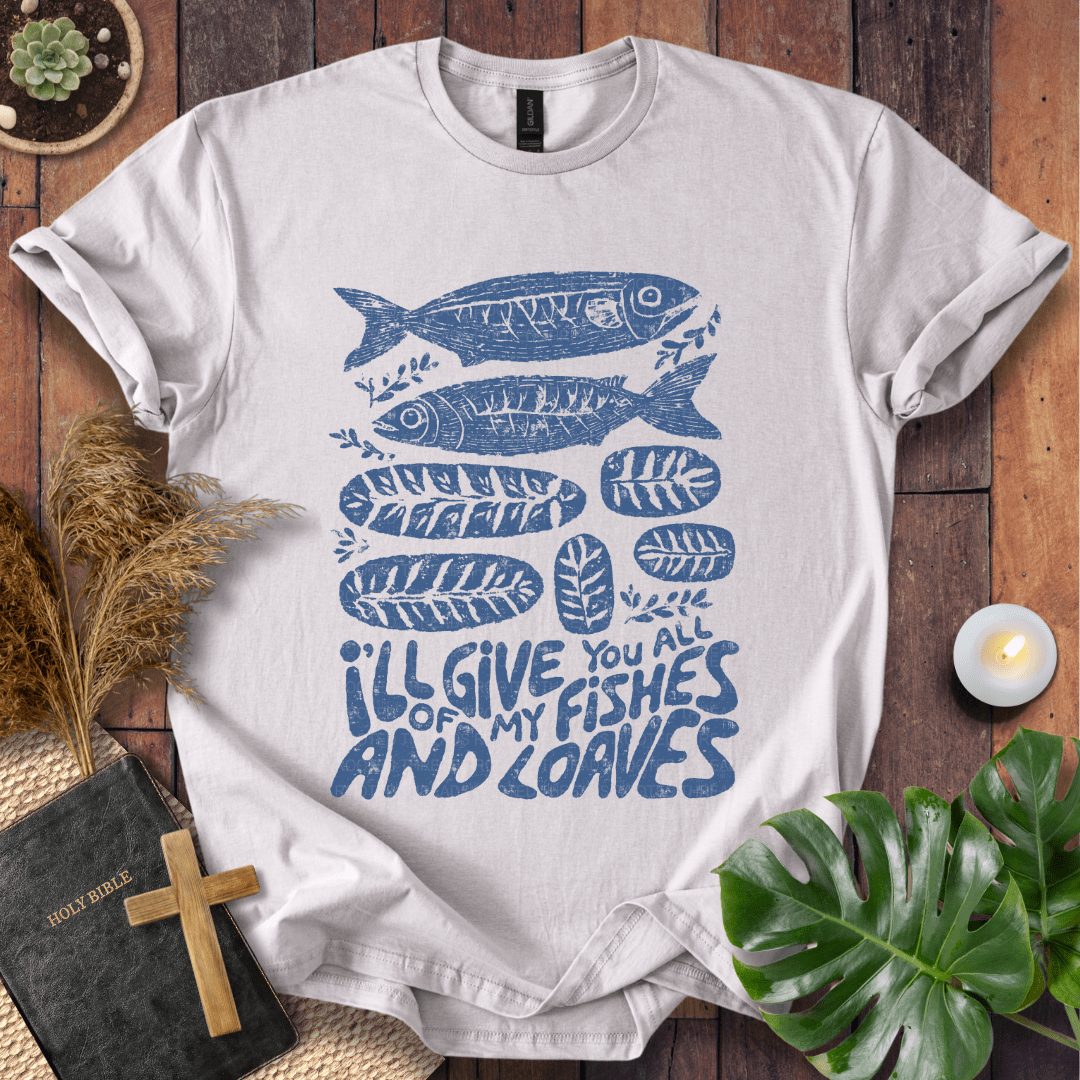 Fishes and loaves Christian t-shirt—hand-drawn fish and bread graphic, John 6.