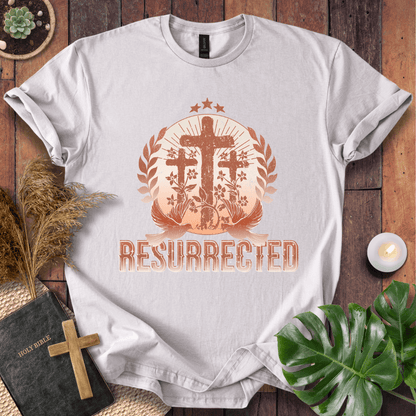 Easter t-shirt with three crosses and Resurrected text, Christian t shirts for women in vintage rust colors.