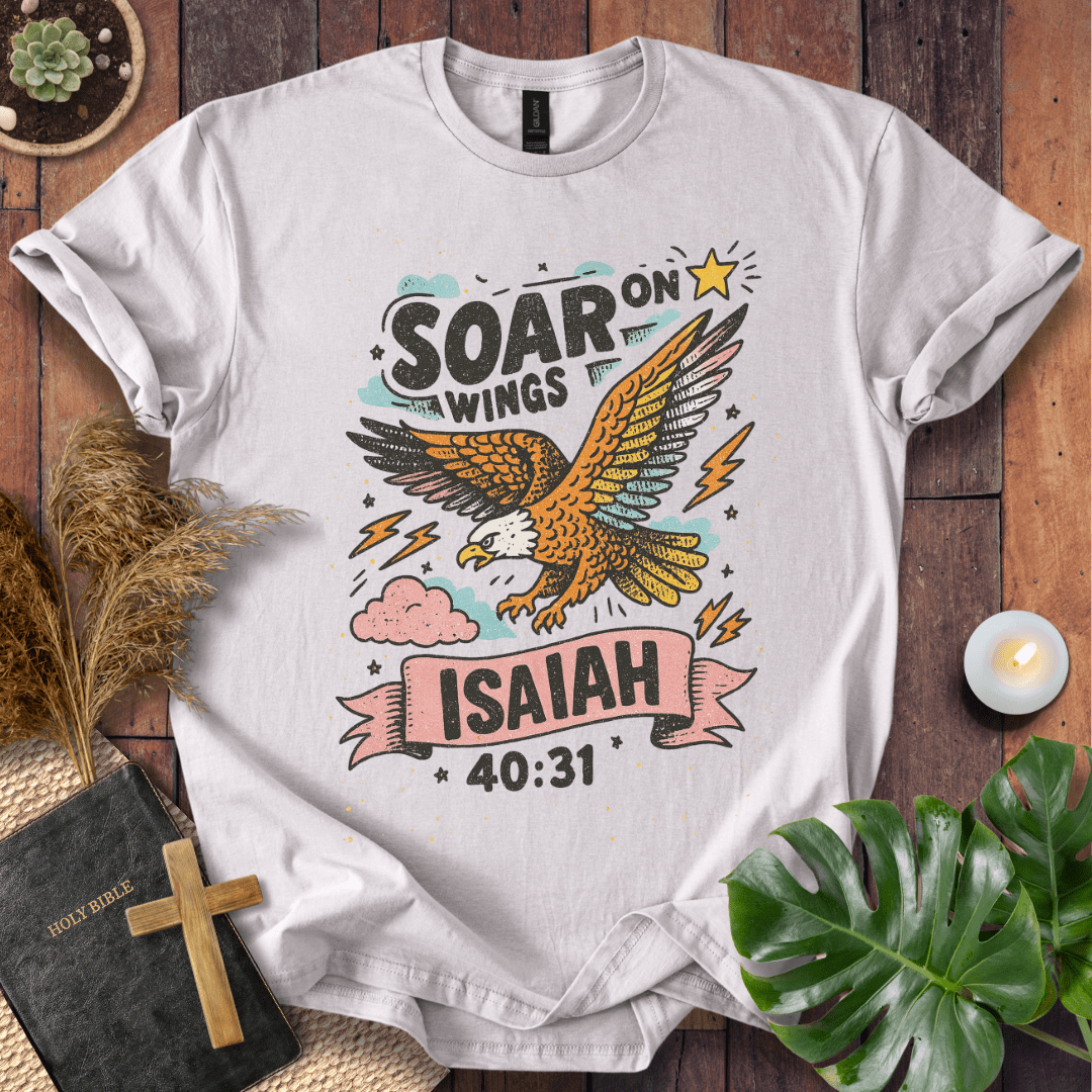 “Soar on Wings” Isaiah 40:31 Christian t-shirt with flying eagle, stars, and lightning—uplifting scripture design.