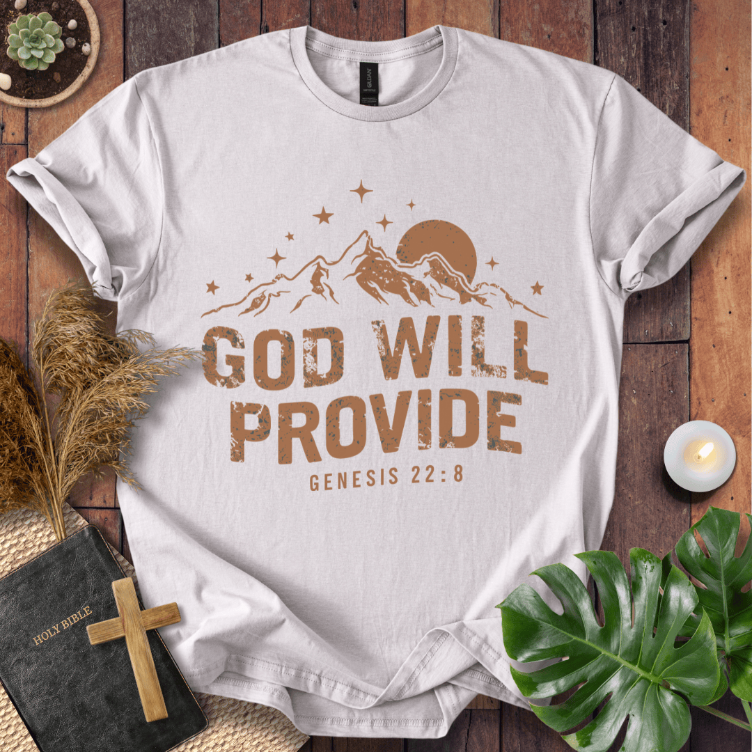 God Will Provide Genesis 22:8 bible verse shirts with mountains and stars on a western graphic tee.