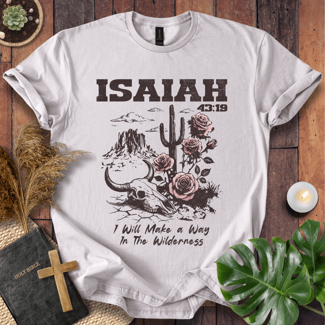 Isaiah 43:19 shirt with desert steer skull, cactus, and roses on a natural cream t-shirt for women's christian apparel.