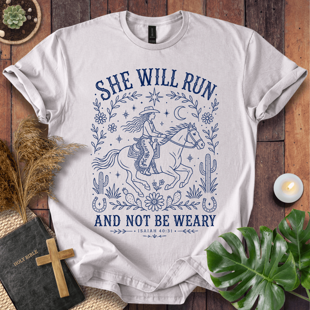 Isaiah 40:31 She Will Run scripture quote on a shirt featuring a navy line art cowgirl riding a horse.