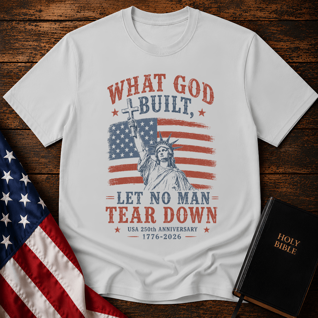 Patriotic Christian t shirt featuring the Statue of Liberty holding a cross over an American flag for the USA 250th anniversary.
