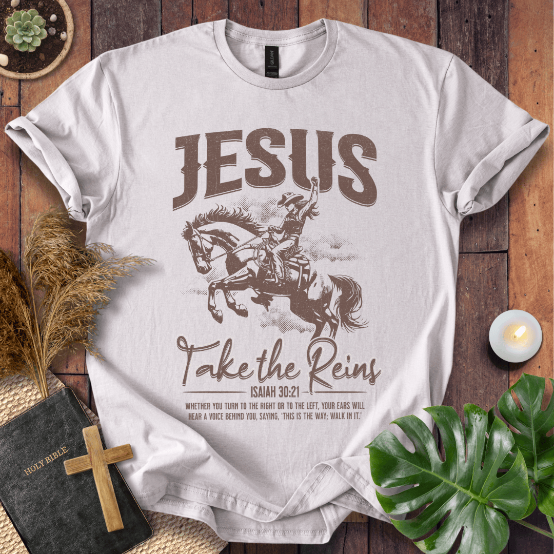 Vintage cowgirl on a horse graphic tee with Isaiah 30:21 bible verse on a shirt for western Christian style.