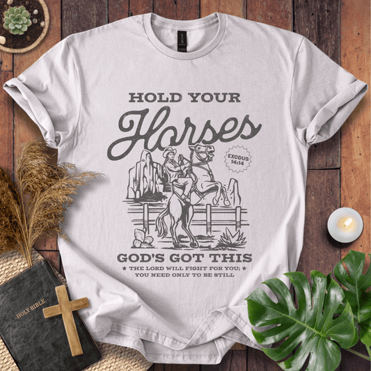 Vintage t-shirt with a cowgirl on a rearing horse and Exodus 14:14 bible verse scripture for women's western style.