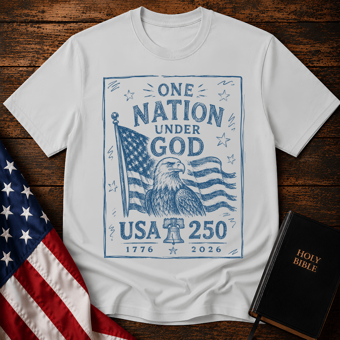 USA 250 Christian t shirt featuring a blue sketch design of a bald eagle, American flag, and Liberty Bell.
