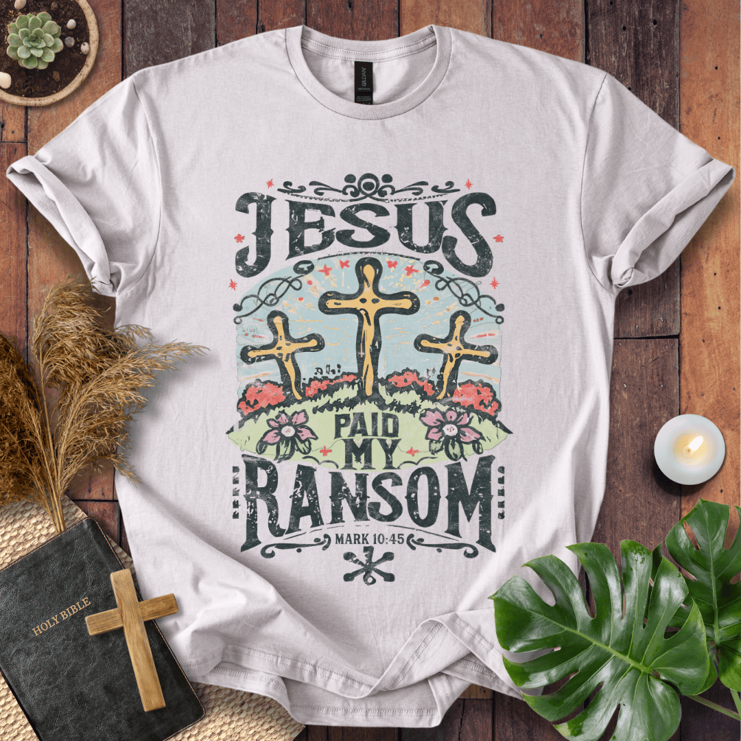 Easter Christian t shirts for women featuring three crosses and Mark 10:45 scripture with vintage floral details.