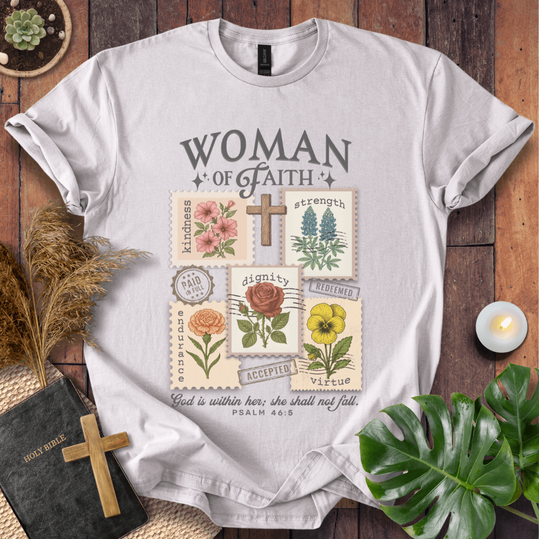 “Woman of Faith Christian t-shirt with floral cross and Psalm 46:5 Bible verse”