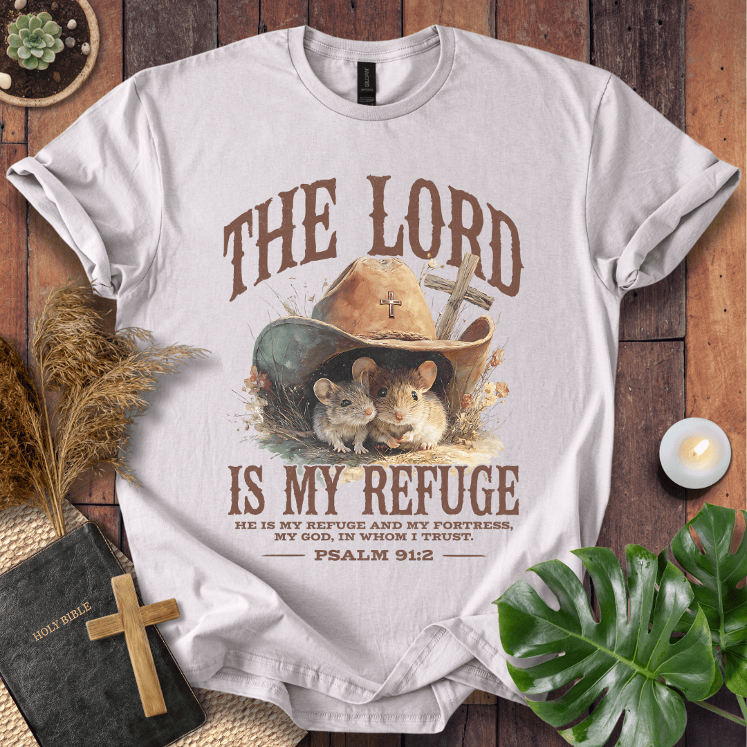 Two mice under a cowboy hat with a cross on a t-shirt. Psalm 91:2 text. Rustic Western Christian shirts for women.