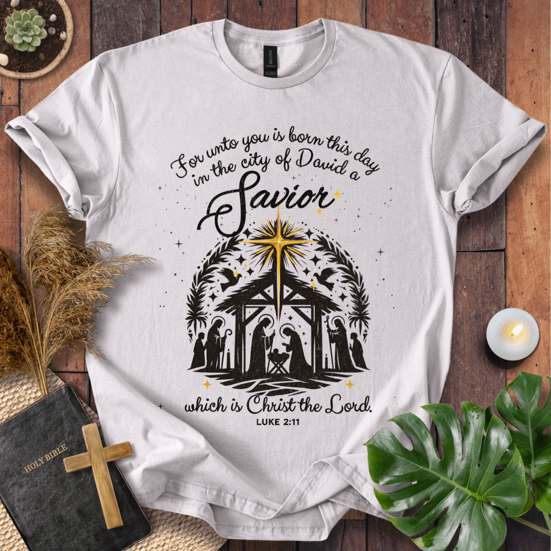 For Unto You Is Born This Day Luke 2:11 Christian Christmas t-shirt with nativity design