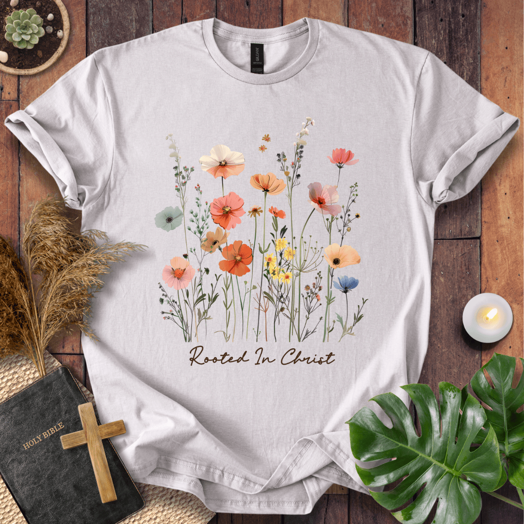 A light gray short-sleeve t-shirt with a colorful watercolor floral print and the text 'Rooted In Christ' on the front, styled in a flat-lay arrangement on a wooden surface with a Bible, cross, pampas grass, a candle, and green leaves.