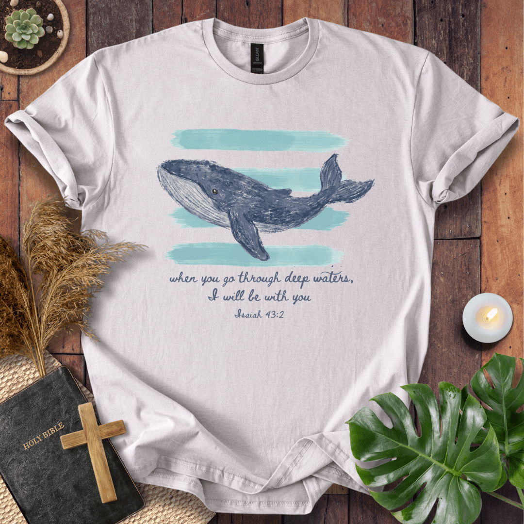 A white short-sleeve graphic T-shirt laid flat on a rustic wooden surface, featuring a blue-gray whale illustration above teal watercolor strokes and the printed quote, 'when you go through deep waters, I will be with you Isaiah 43:2.' Decorative props including a Bible, cross, dried grass, candle, and green leaves surround the shirt.