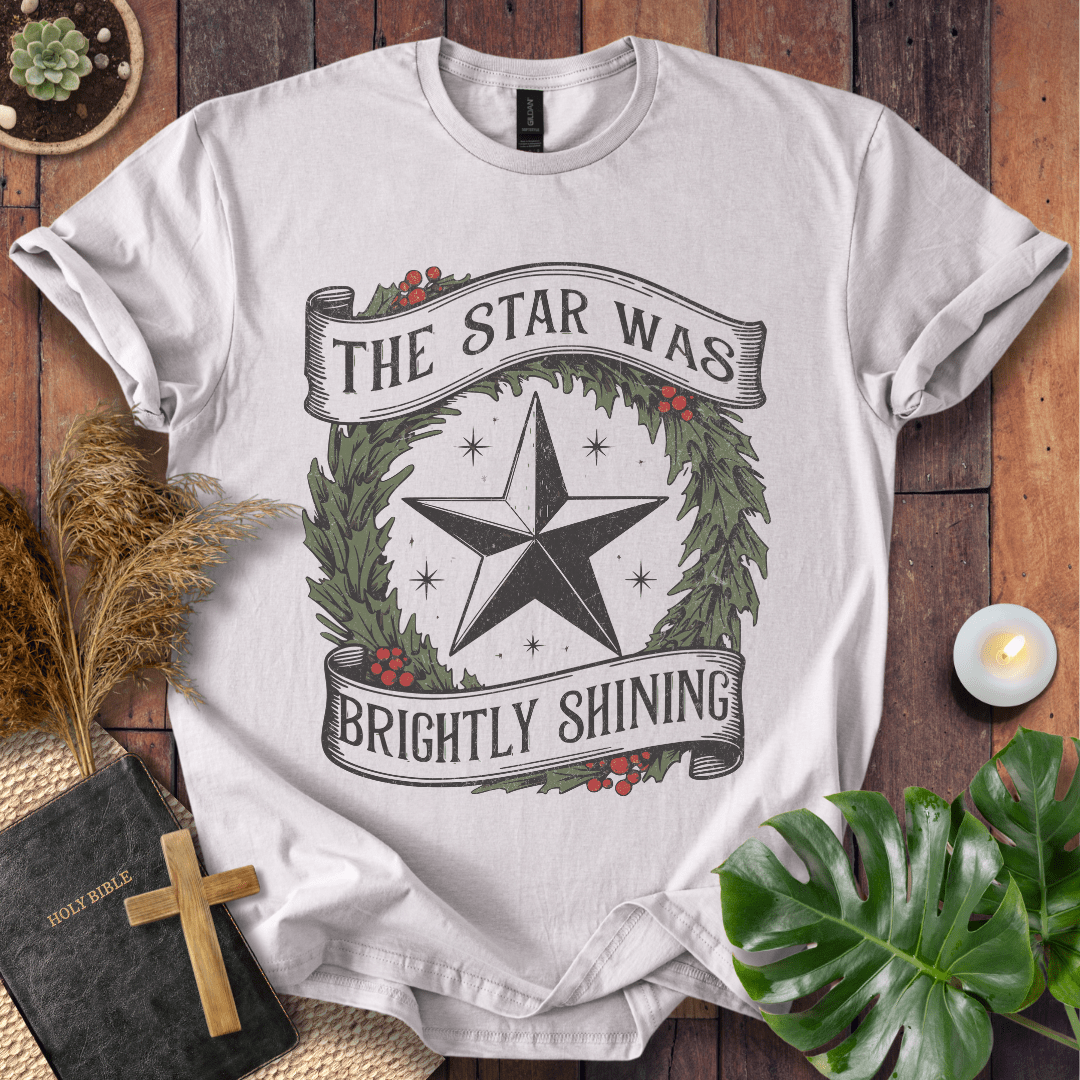 The Star Was Brightly Shining Christian Christmas t-shirt with wreath and star design
