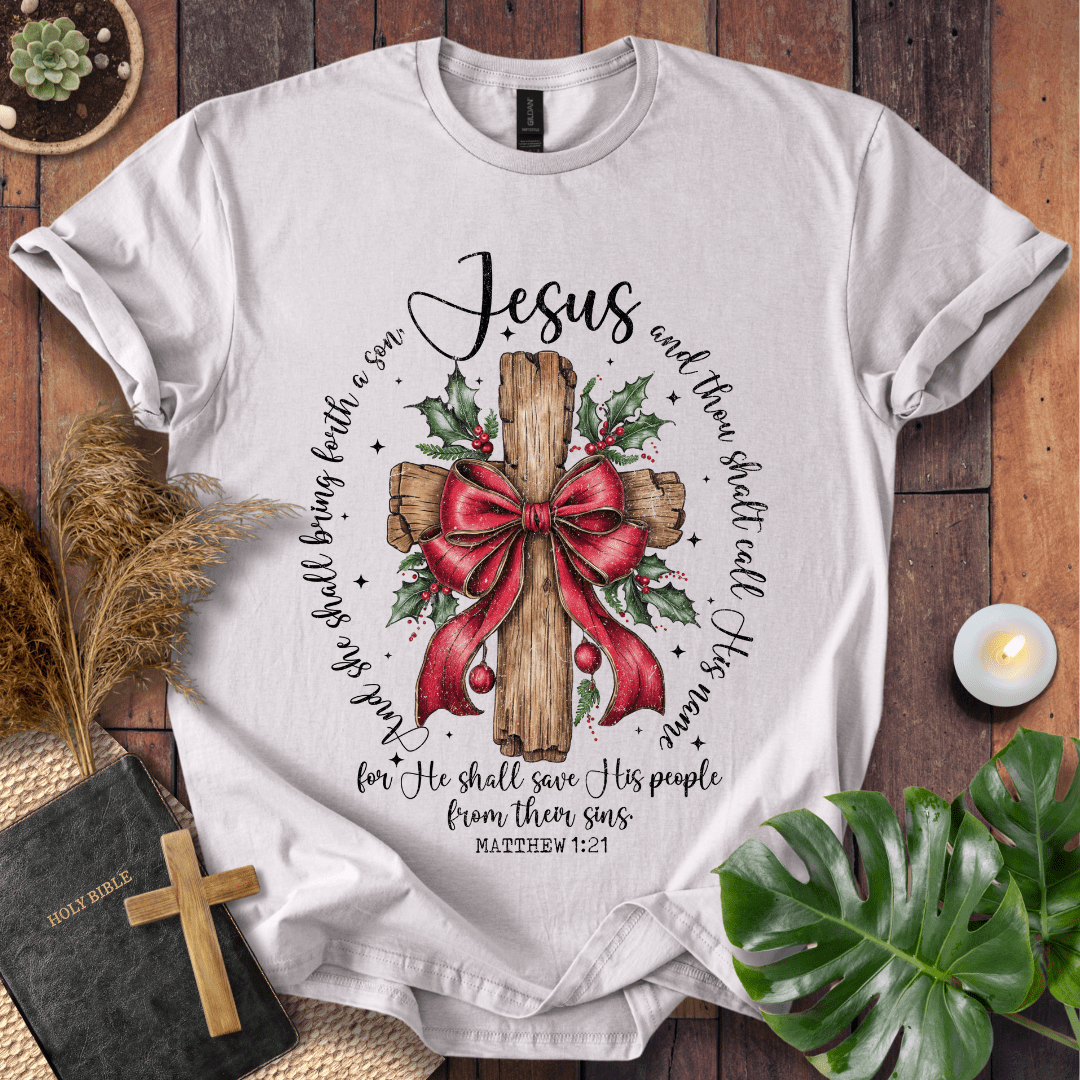 Faith Christmas shirt with Scripture Matthew 1:21 – religious holiday tee