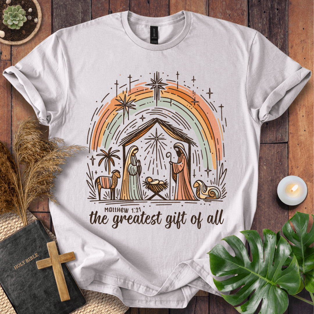 Faith Christmas shirt featuring hand-drawn manger scene – religious holiday tee