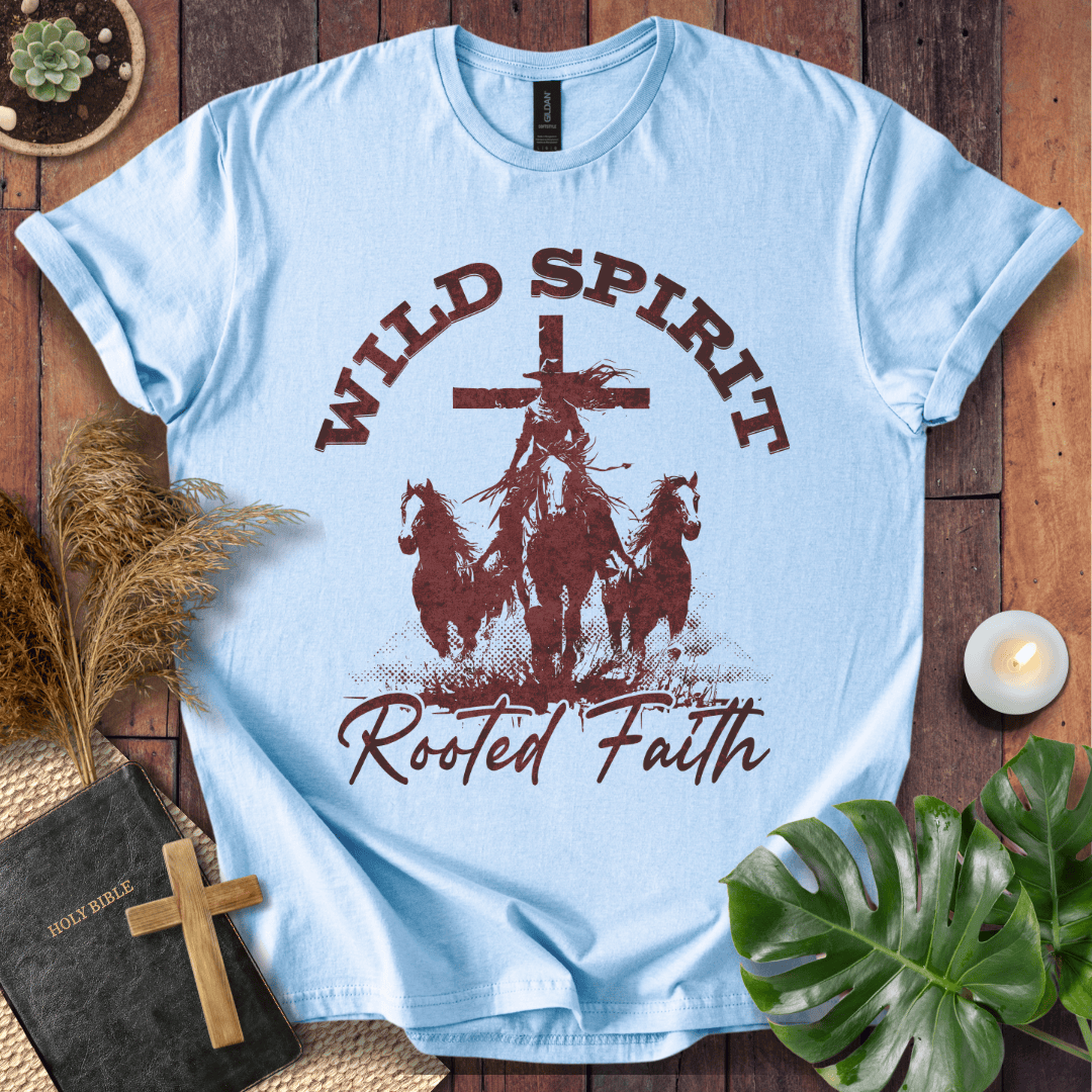 Cowgirl riding a horse in front of a cross with horses running, "Wild Spirit Rooted Faith" text on a tshirt.
