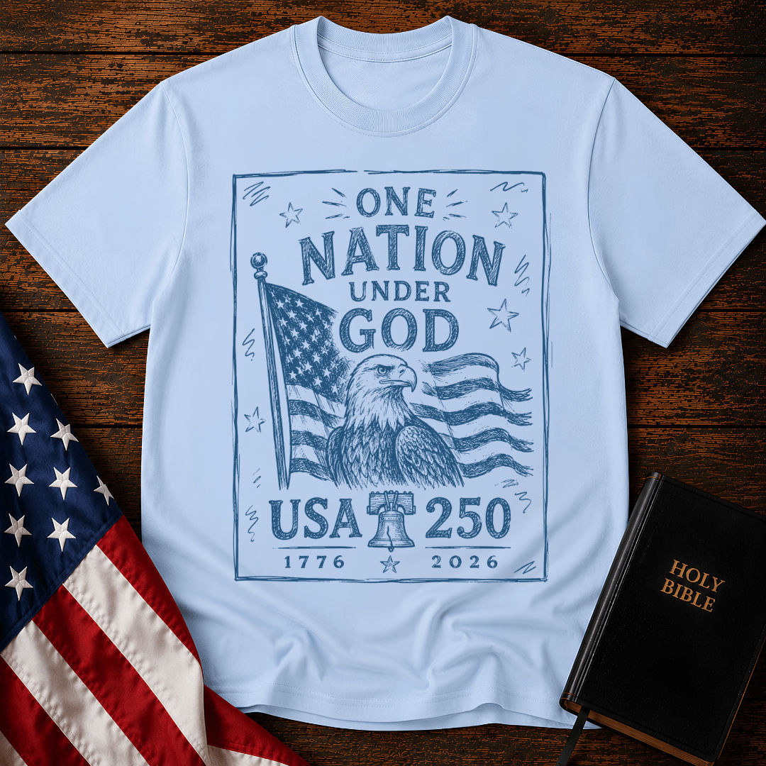 USA 250 Christian t shirt featuring a blue sketch design of a bald eagle, American flag, and Liberty Bell.