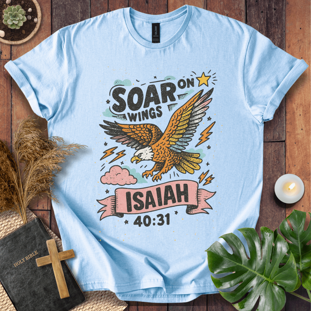 “Soar on Wings” Isaiah 40:31 Christian t-shirt with flying eagle, stars, and lightning—uplifting scripture design.